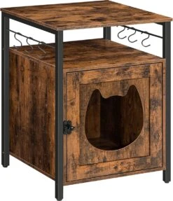 Signature Home Katty Kattenbak Met 6 Haken – �Kattenhuis Met Enkele Deur En Open Plank – Bruin – Zwart – �50 X 50 X 66 Cm