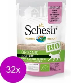 Schesir Kat Bio Pouch Paté Varken – Kattenvoer – 32 X 85 G