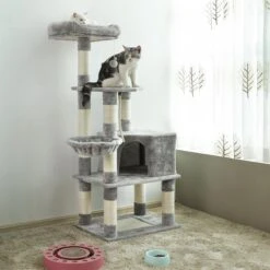 Krabpaal Met Krabpaal, Kattenklimboom, 148 Cm Hoog, Met Grot En Ligplaatsen, In Lichtgrijs PCT60W