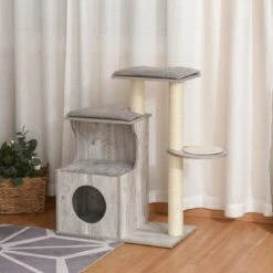 PawHut Krabpaal Met Kattengrot Kattenboom Klimboom Voor Katten E1 MDF Sisal Grijs D30-335