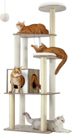 FEANDREA Greige PCT166G01 Krabpaal, 165 Cm, Moderne Kattentoren, Kattenhuis Met 5 Krabbomen, Wasbare Afneembare Kussens, Zitstang, Kattenmand, Kattenmeubel Voor Woningkatten, Kattenmeubel