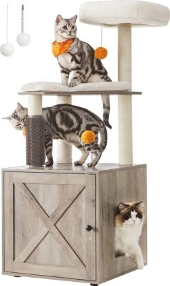 Signature Home Luis Krabpaal Met Kattenbakkast – Kattenbak Met 2-in-1 Moderne Kattenboom – Met Roomer – Krabzuilen – Platform – Wasbare Kussens – Greige – 134 Cm