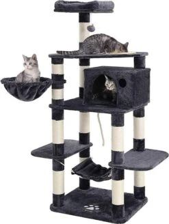 Rootz Krabpaal – Kattenkrabpaal – Krabpaal – Hoge Krabpaal – Duurzame Krabpaal – Krabpaal Met Voerbak – Grijs – 90 X 50 X 164 Cm (B X D X H)